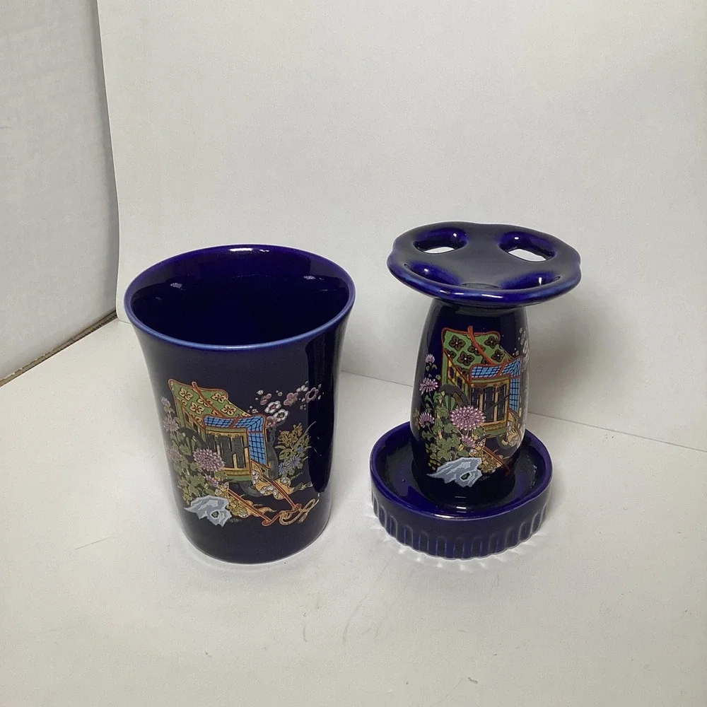 Vintage Cobalt Blue Japanese Porcelain Vanity Set Rickshaw Floral Tumbler Holder